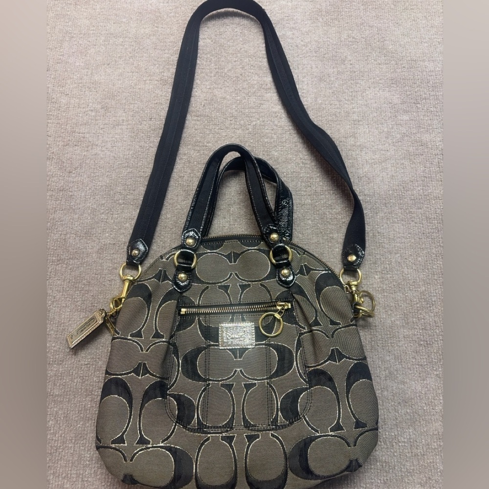 Coach Signature C Satchel Bag Black Tan Canvas Leather Trim Crossbody Y2K